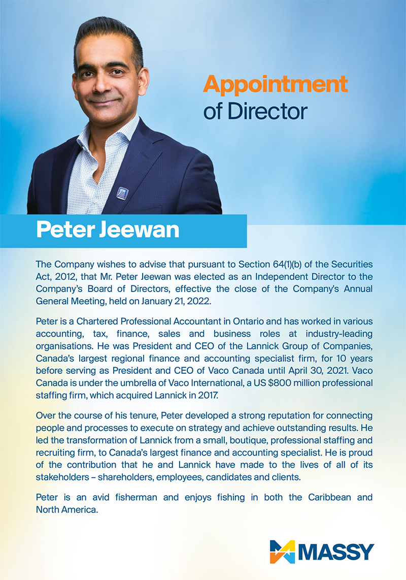 Appointment of Director - Peter Jeewan